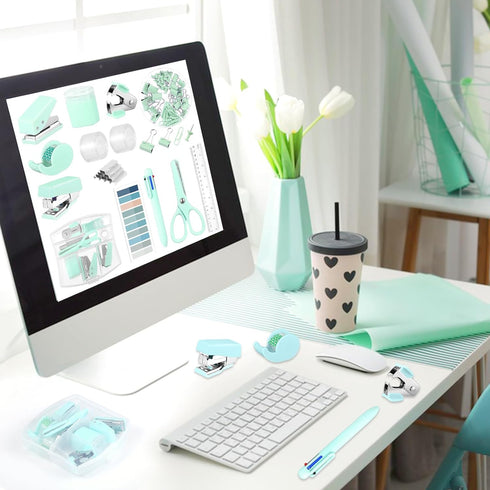 Mini Office Supplies, Turquoise Green School Supplies with Sticky Notes,Mini Stapler,Tape Dispenser,Hole Punch,Staple Remover,Staples,Clips,Scisso...