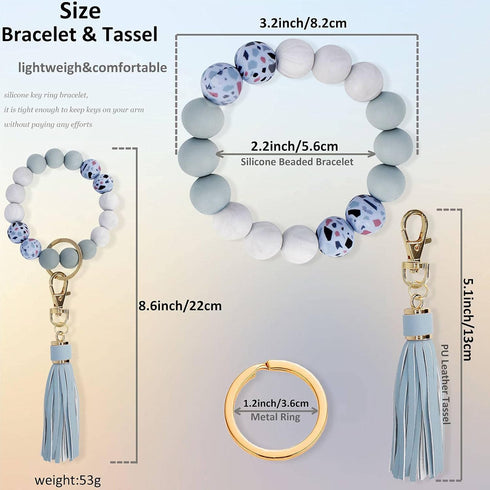BIHRTC Beaded Wristlet Keychain Silicone House Key Ring Bracelet with Leather Tassel Wristlet Keyrings Circle Bangle Key Chain for Women Girls...