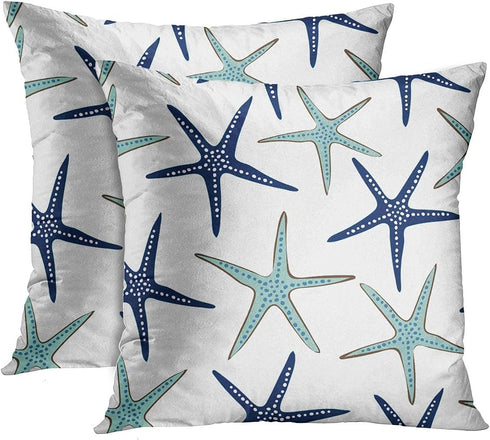 Emvency Set of 2 Throw Pillow Covers Beach Ocean Coastal Green and Blue Starfish Decorative Pillow Cases Home Decor Standard Square 18x18 Inches S...