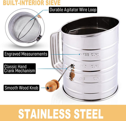 Stainless Steel 3 Cups Flour Sifter for baking | Rotary Hand Crank Powdered sugar shaker and flour duster|...