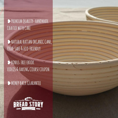 (10 inch) Round Banneton Proofing Basket Set - Brotform Handmade Unbleached Natural Cane For homemade Crusty Fresh, Easy to Bake Bread With Profes...