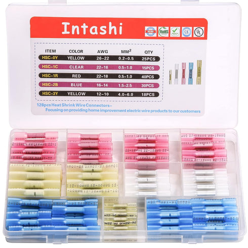 Heat Shrink Wire Connectors - 128PCS Solder Seal Wire Connectors Insulated Waterproof Wire Terminals Electrical Butt Splice Butt Connectors for Ma...