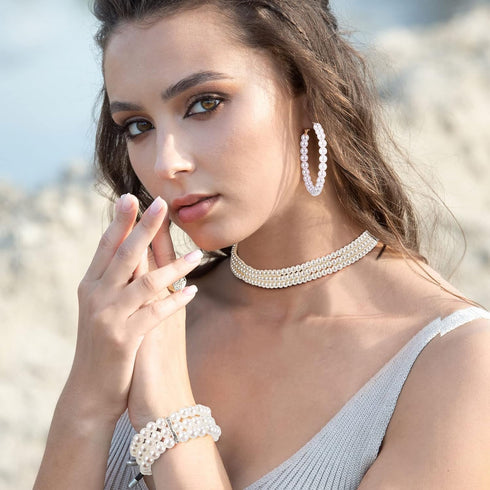 Women's Pearl Jewelry Set Multi Layer Faux Pearl Choker Necklace Pearl Stretch Bracelet Hoop Pearl Dangle Earrings Long Tassel Earrings Valentines...