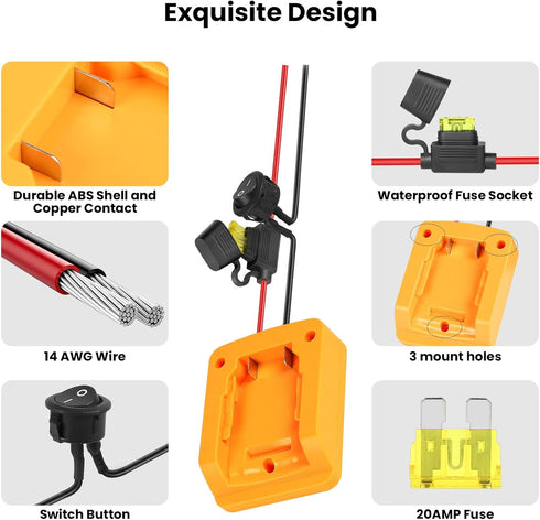 Power Wheel Battery Adapter Compatible with Dewalt 20V Battery Converter Kit with 14 AWG Wire, Fuse and Wire Terminals, Power Wheels Battery Conne...