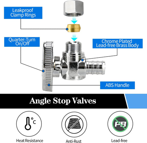 Stop Valves, 1/4 Turn Angle Stop Valves, 3/8" OD Compression × 1/2" PEX Chrome Plated Brass for Faucet, Toilet Valves (1×Angle)...
