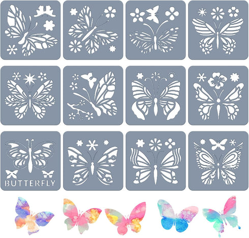 12 Pieces Butterfly Stencil Reusable Butterfly Paint Stencils Template Butterfly Animal DIY Craft Plastic Drawing Stencils for Painting on Wood Wa...