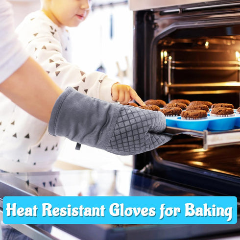 4 Pcs Oven Mitts and Pot Holders,High Heat Resistant 500 Degree Glove with Silicone Non-Slip Surface,Extra Thicken Long Kitchen Cotton Oven Glove ...
