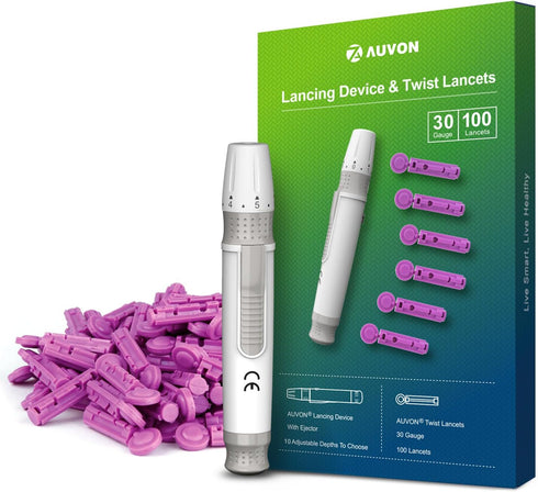 AUVON Lancing Device with Less Pain Design, Blood Sample Pen and Twist Top 100pcs 30 Gauge Lancets for Blood Sugar Level Monitoring...