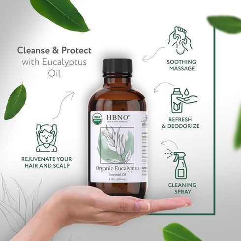 HBNO® California Bottled Organic Eucalyptus Essential Oil (Globulus) 4 fl oz (120ml) - USDA Certified Organic Eucalyptus Oil for Diffuser, Ideal E...