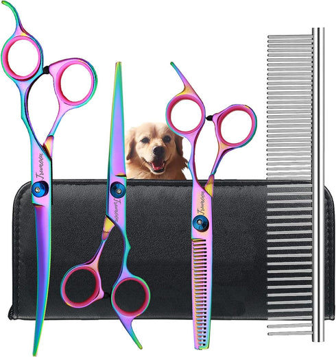 5 in 1 Professional Dog Grooming Scissors Kit - Sharp and Durable Straight & Thinning & Curved Shears Scissors set Pet Grooming Shears for Dog&Cat...