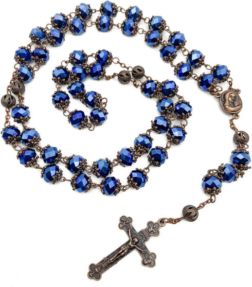 Nazareth Store Men Deep Blue Crystallized Beads Rosary Handmade Prayer Necklace Holy Soil Medal and Cross Crucifix...