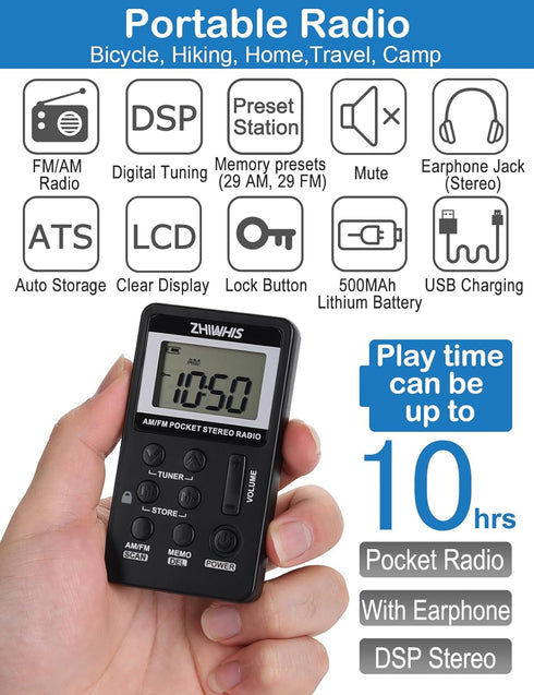 Portable Radio, ZHIWHIS AM FM Mini Transistor Rechargeable Battery Personal Digital Tuning Stereo Pocket Walkmen Radios with Shutdown Memory and E...
