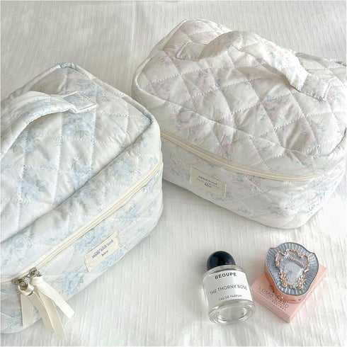 2 Pcs Large Quilted Makeup Bag, Cotton Quilted Toiletry Bag for Women,Floral Coquette Makeup Bag,Cute Kawaii Travel Cosmetic Bags(01BlueRose)...