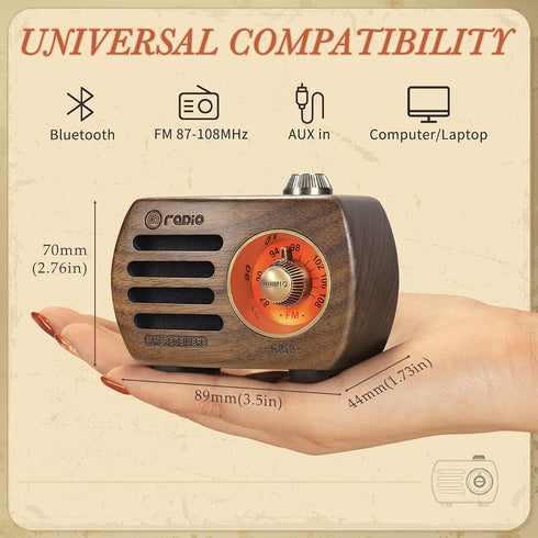 PRUNUS Wood Retro FM Radio Bluetooth Mini Portable Wooden Old Vintage Radio Speaker, Rechargeable Battery Operated, Strong Bass Enhancement, Loud ...