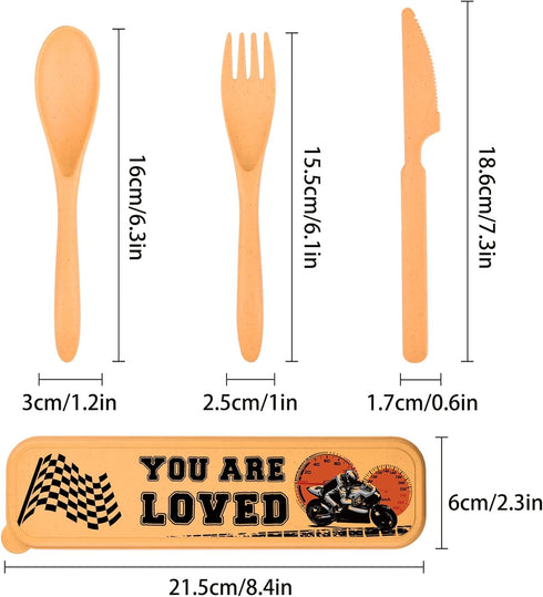 4 Sets Reusable Utensils Set with Case, Plastic Camping Utensil Set Knife Forks and Spoon for Lunch Box Kit, Cool Dirt Bike Pattern Travel Cutlery...