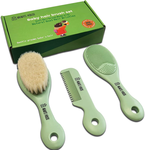 3 Piece Baby Hair Brush & Comb Set for Newborns- Soft Goat Bristle Hair-Brush, Silicone Bath Brush and Plastic Comb for Infant, Toddler, Kids - Ba...