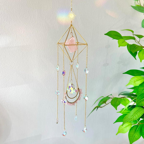 Crystal Suncatcher Rose Quartz, Spiritual, Sun Catcher Hanging for Windows, Rainbow Maker, Crystal Indoor Garden Home Decor, Natural Gemstone Boho...