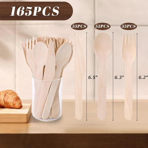 LOVEINUSA 165PCS Wooden Utensils, Natural Wood Cutlery Incl.55 Forks 55 Spoons 55 Knives for Party Wedding Picnic Camping...