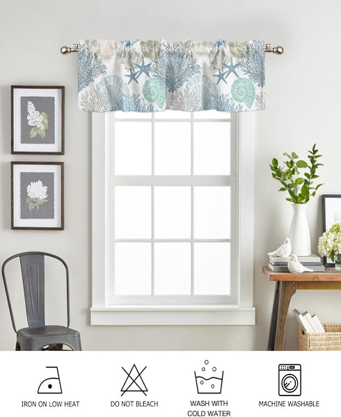 Blue Farmhouse Short Window Curtain Valances, Summer Beach Coral Starfish Valances for Windows, Ocean Nautical Coastal Rod Pocket Window Treatment...