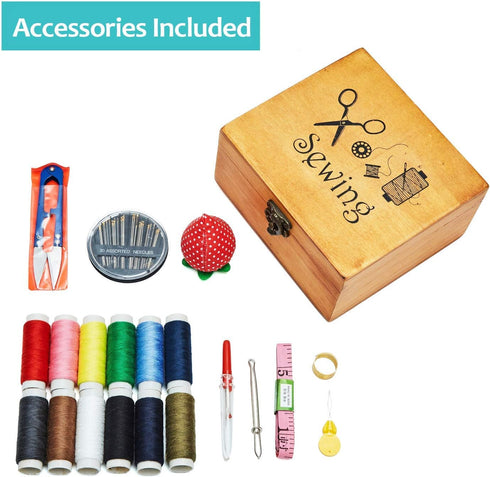 Sewing Kit Basket, Wooden Sewing Box with Accessories, Home Sewing Repair Tool Kit Sewing Starter Kit for Adults Kids...