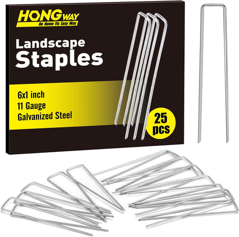 HongWay 6 Inch 25pcs Landscape Staples, 11 Gauge Galvanized Garden Stakes and U-Shaped Pins for Landscaping Fabric Weed Barrier Irrigation Tubing...