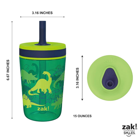 Zak Designs Kelso 15 oz Tumbler Set, (Dino Camo) Leak-Proof Screw-On Lid with Straw Made of Durable Plastic and Silicone, Perfect Cup Bundle for K...