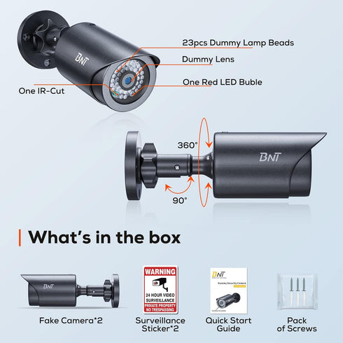 BNT Dummy Fake Security Camera, with One Red LED Light at Night, for Home and Businesses Security Indoor/Outdoor (2 Pack, Black)...