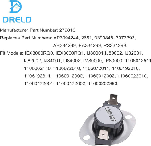 279816 Dryer Thermal Cut-Off Kit, Replacement for Whirlpool, Kenmore Dryers, Replace 3399848 AP3094244 PS334299 279816VP