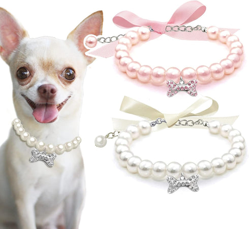 2 Pcs Dog Cat Pearl Collar Necklace with Rhinestone Bone, Fancy Cat Wedding Collar Jewelry for Girl Cat Puppy Dogs Accessories(Pink+White)...