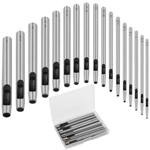 17 Pcs Round Leather Hole Punch Tool 0.5-7mm, Boyistar Metal Hollow Hole Punching for Leather Craft Punch Tools Set Round Hollow Tools for Belts, ...