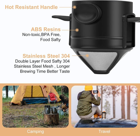 Pour Over Coffee Maker,Portable Stainless Steel Reusable Coffee Filter, Mini Collapsible Paperless Single Serve 1 Cup Coffee Dripper Cup Easy To C...