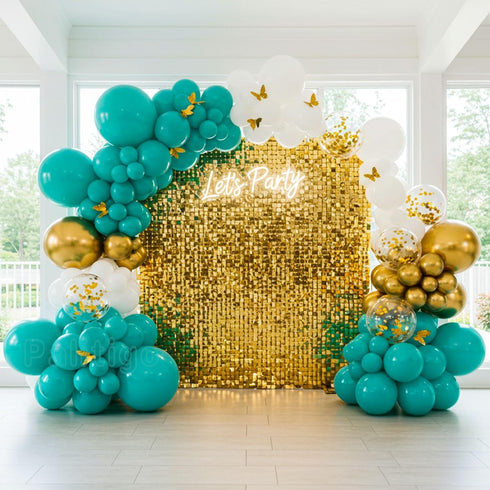 Teal Balloon Garland Kit with Gold Butterflies – Turquoise, Blue and Green, White & Gold Balloons in 18", 12", 5" Sizes – for Graduation, Baby Sho...