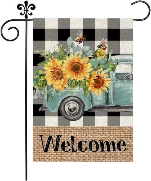 Summer Garden Flag Sunflowers Truck 12x18 Inch Double Sided Small Burlap Welcome Holiday Seasonal Flag for Outside Yard Decor...