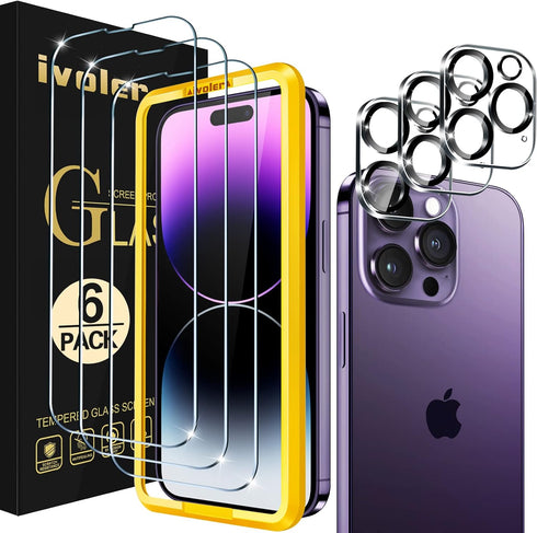 ivoler Shatterproof Tempered Glass Screen Protector for iPhone 14 Pro 6.1 inch, 3 Pack, Easy Installation, Anti-Scratch & Impact Protection...