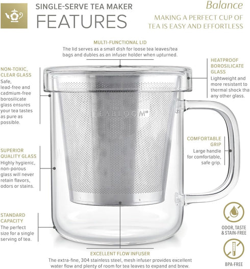 Teabloom Premium Borosilicate Glass Mug with Stainless Steel Loose Leaf Tea Infuser and Lid/Dish - 8 Ounces (240 mL)...