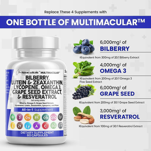 Eye Health Vitamins with Bilberry 6000mg Lutein & Zeaxanthin 40mg Lycopene 40mg Resveratrol 3000mg Grape Seed Extract 6000mg Omega 3 4000mg Astaxa...