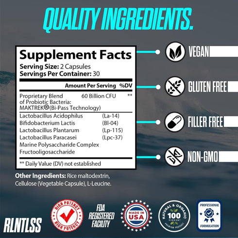 RLNTLSS - Probiotic 60 Billion CFU - 4 Strain Blend - Premium Supplement - Men and Women - Shelf Stable Probiotic Capsule - Probiotic and Prebioti...