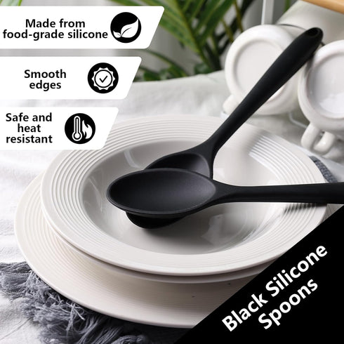 2PCS Black Silicone Spoons, Heat Resistant Spoons Silicone Cooking Spoon for Kitchen Cooking Serving Baking Stirring...
