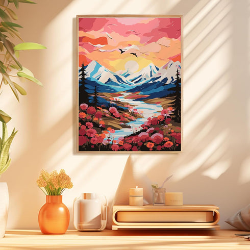 Okarina Paint by Numbers Kit for Adults Beginner Canvas, Sun Mountain Acrylic Adult Paint by Number Kits, Natural Abstract Landscape Flowers Oil N...
