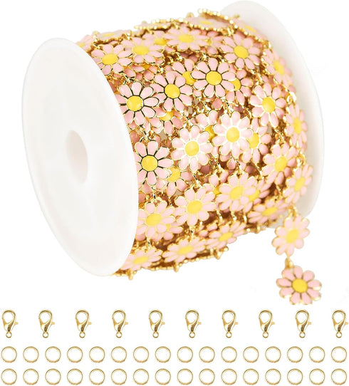 YOUBEIYEE Pink Enamel Daisy Chain Gold Plated Brass Chain for Jewelry Making Oil Drip Floral Jewelry Chains Bulk Flower Decortaion Craft Chain Rol...