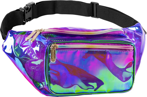 Holographic Fanny Pack Belt bag - Crossbody Waist Bag for Men or Women - Hands-Free, Waterproof Large Bumbag for Hiking, Running, and Travel (purp...