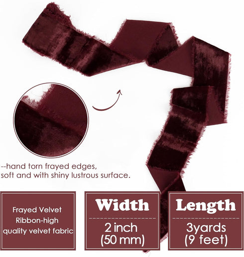 HUIHUANG Burgundy Velvet Ribbon 2 inch Frayed Silk Velvet Fringe Ribbon for Flower Bouquet, Gift Wrapping, Invitations, Holiday Christmas Decor, W...