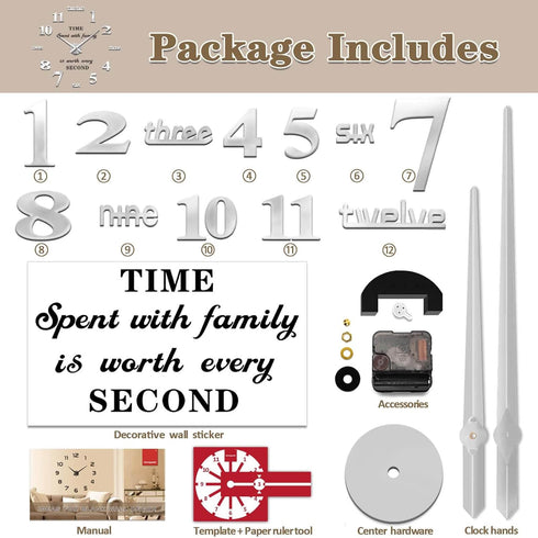 VANGOLD Large Wall Clocks for Living Room Decor, DIY Wall Clock Modern 3D Wall Clock with Mirror Numbers Stickers for Home Office Decorations Ideas (Black)