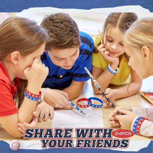 Sabary 48 Pcs Sports Pencils Silicone Bracelets Set Soccer Football Basketball Baseball Wooden Pencil Rubber Wristbands for Students School Classr...