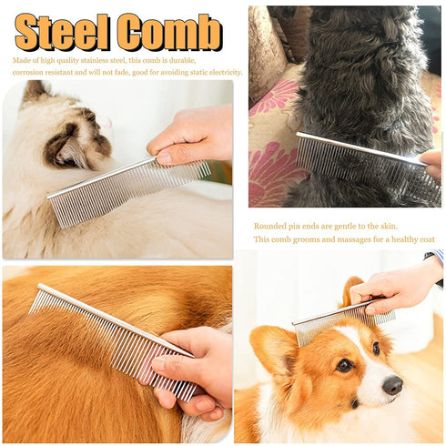 Dog Rake for Undercoat Long Tooth Dogs Comb, Rake Brush+Stainless Steel Shedding Comb, Husky Undercoat Rake Grooming Tool Set for Big Dog Horse Lo...