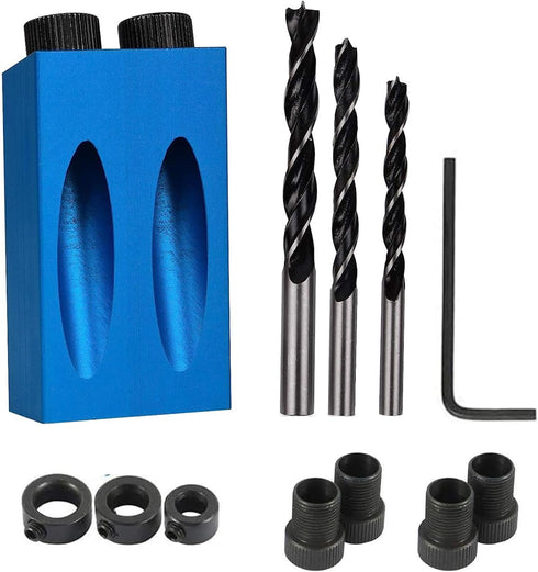 Pocket Hole Jig 14Pcs Kit - Woodwork Guides Joint Angle Tool Carpentry Locator - 15° Woodworking Inclined Hole Fixture 6/8/10mm Drill Bits Dowel S...
