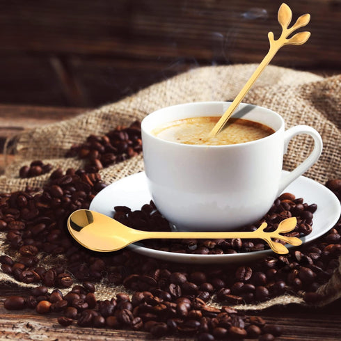 12pcs Stainless Steel Gold Leaf Coffee Spoon and Cake Fruit Forks Kitchen Accessory Wedding Party for Dessert, Salad, Appetizer, Spoon and Fork Se...