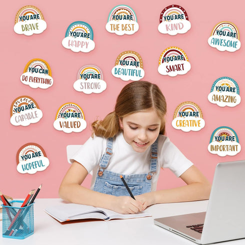48Pcs Back to School Boho Rainbow Cutouts Inspirational Card Bulletin Board Bohemia Positive Sayings Accents Motivational Psychology Quote Card Cl...