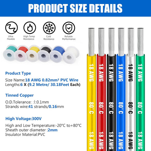 18 Gauge Electrical Wire Cable-HuLuWa 18 AWG Hook up Wire Kit 6 Colors(13.12Feet Each) Stranded Tinned Copper Wire for DIY,Lamps,Household Applian...