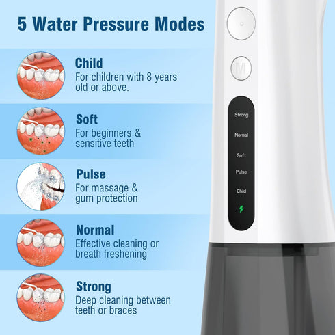 Water Dental Flosser Cordless for Teeth - QFBUDR 5 Modes Dental Oral Irrigator, Portable Rechargeable IPX7 Waterproof Water Teeth Cleaner Picks fo...